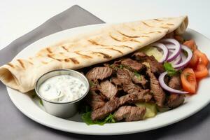 Photo of a plate of Greek gyro with tzatziki sauce on a spotless white table. Generative AI