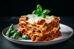 Photo of a plate of Italian lasagna with layers of pasta and cheese on a clean white desk. Generative AI