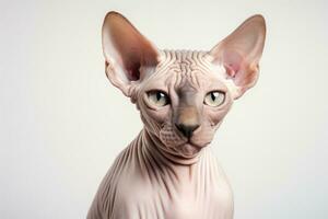 foto de un contento sphynx gato con sus sin pelo piel en contra un limpiar blanco fondo. generativo ai