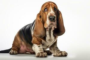 Photo of a contented Basset Hound in a relaxed pose on a clean white backdrop. Generative AI