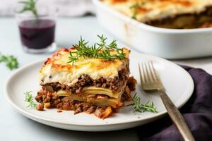 Photo of a plate of Italian lasagna with layers of pasta and cheese on a clean white desk. Generative AI