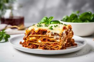 Photo of a plate of Italian lasagna with layers of pasta and cheese on a clean white desk. Generative AI