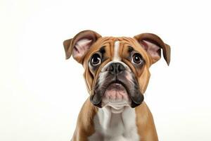 Photo of a curious Bulldog with its characteristic wrinkled face on a clean white backdrop. Generative AI