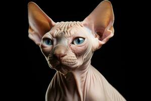 Photo of a contented Sphynx cat with its hairless skin against a clean white backdrop. Generative AI