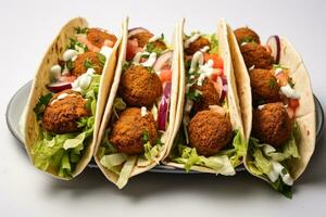Photo of a tray of Lebanese falafel wraps with tahini sauce on a clean white countertop. Generative AI