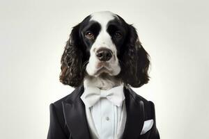 Photo of a Cocker Spaniel looking dapper in a tuxedo against a pristine white background. Generative AI