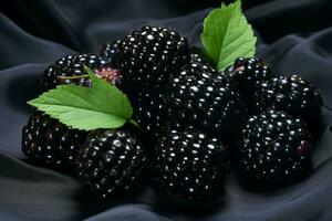 Photo of a bunch of plump blackberries on a clean white sheet. Generative AI