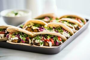 Photo of a tray of Lebanese falafel wraps with tahini sauce on a clean white countertop. Generative AI