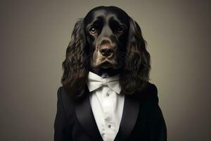 Photo of a Cocker Spaniel looking dapper in a tuxedo against a pristine white background. Generative AI