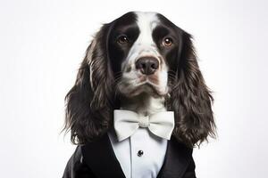 Photo of a Cocker Spaniel looking dapper in a tuxedo against a pristine white background. Generative AI