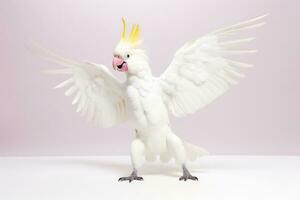 Photo of a cockatoo dancing on a mini disco floor with a clean white background. Generative AI