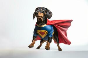 Photo of a Dachshund wearing a superhero costume and flying on a white background. Generative AI