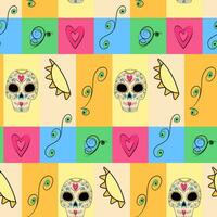 Seamless colorful pattern of abstract patterned scull, sun, butterfly and twig. Happy Cinco de Mayo vector