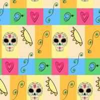 Seamless colorful pattern of abstract patterned scull, sun, butterfly and twig. Happy Cinco de Mayo vector