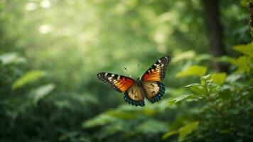 naturaleza antecedentes con un hermosa volador mariposa con verde bosque ai generativo foto