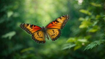 Nature background with a beautiful flying butterfly with green forest AI Generative photo