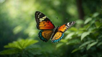 Nature background with a beautiful flying butterfly with green forest AI Generative photo