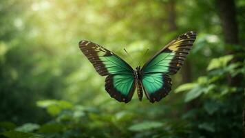 Nature background with a beautiful flying butterfly with green forest AI Generative photo