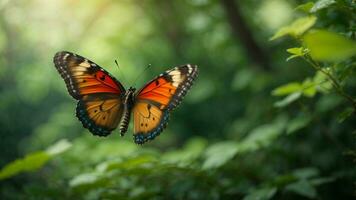 Nature background with a beautiful flying butterfly with green forest AI Generative photo