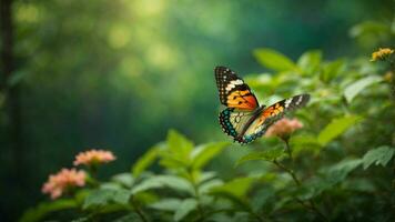 Nature background with a beautiful flying butterfly with green forest AI Generative photo