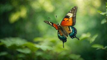 Nature background with a beautiful flying butterfly with green forest AI Generative photo