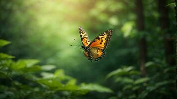 Nature background with a beautiful flying butterfly with green forest AI Generative photo