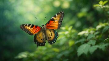 Nature background with a beautiful flying butterfly with green forest AI Generative photo