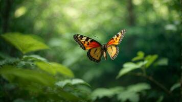 Nature background with a beautiful flying butterfly with green forest AI Generative photo