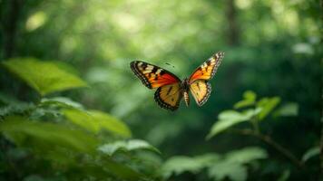 Nature background with a beautiful flying butterfly with green forest AI Generative photo