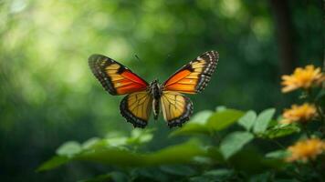 Nature background with a beautiful flying butterfly with green forest AI Generative photo