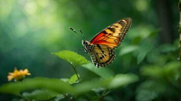 Nature background with a beautiful flying butterfly with green forest AI Generative photo