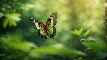 Nature background with a beautiful flying butterfly with green forest AI Generative photo