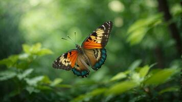 naturaleza antecedentes con un hermosa volador mariposa con verde bosque ai generativo foto