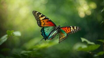 Nature background with a beautiful flying butterfly with green forest AI Generative photo