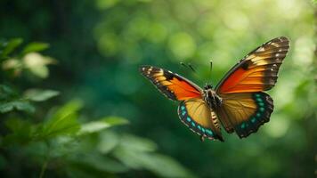 Nature background with a beautiful flying butterfly with green forest AI Generative photo