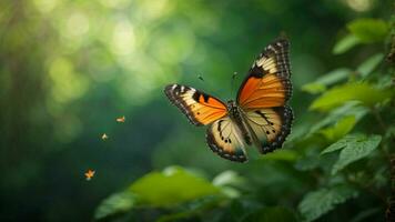 Nature background with a beautiful flying butterfly with green forest AI Generative photo