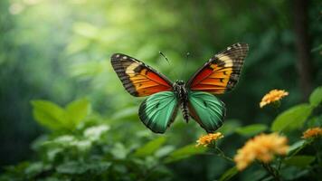 Nature background with a beautiful flying butterfly with green forest AI Generative photo