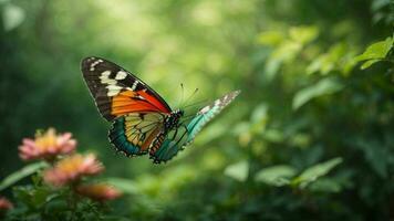 Nature background with a beautiful flying butterfly with green forest AI Generative photo