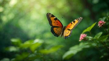 Nature background with a beautiful flying butterfly with green forest AI Generative photo