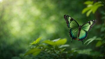 Nature background with a beautiful flying butterfly with green forest AI Generative photo