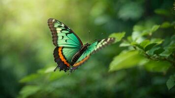 Nature background with a beautiful flying butterfly with green forest AI Generative photo