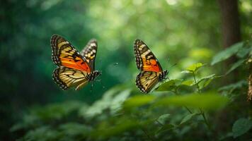 Nature background with a beautiful flying butterfly with green forest AI Generative photo