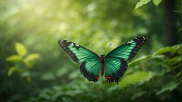 Nature background with a beautiful flying butterfly with green forest AI Generative photo