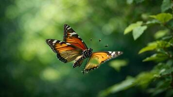 Nature background with a beautiful flying butterfly with green forest AI Generative photo