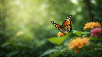Nature background with a beautiful flying butterfly with green forest AI Generative photo