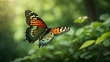 naturaleza antecedentes con un hermosa volador mariposa con verde bosque ai generativo foto