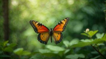 Nature background with a beautiful flying butterfly with green forest AI Generative photo