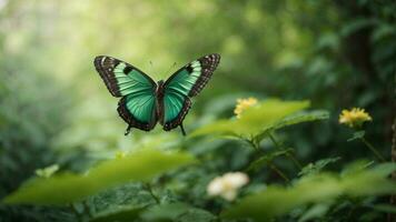 Nature background with a beautiful flying butterfly with green forest AI Generative photo