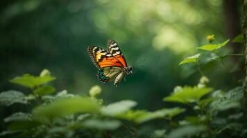 Nature background with a beautiful flying butterfly with green forest AI Generative photo