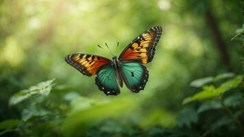 Nature background with a beautiful flying butterfly with green forest AI Generative photo